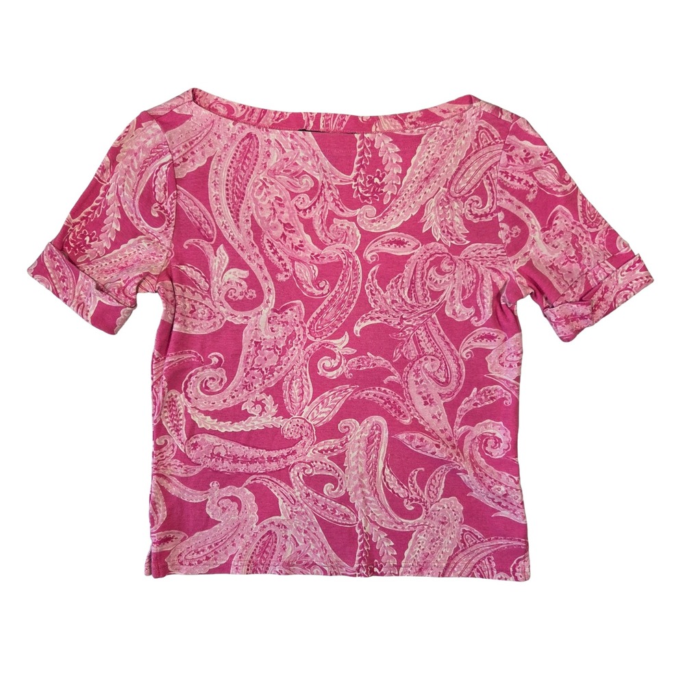 Lauren Ralph Lauren Shirt Women Petite S Pink Paisley Print Preppy Y2k 2000s Vtg